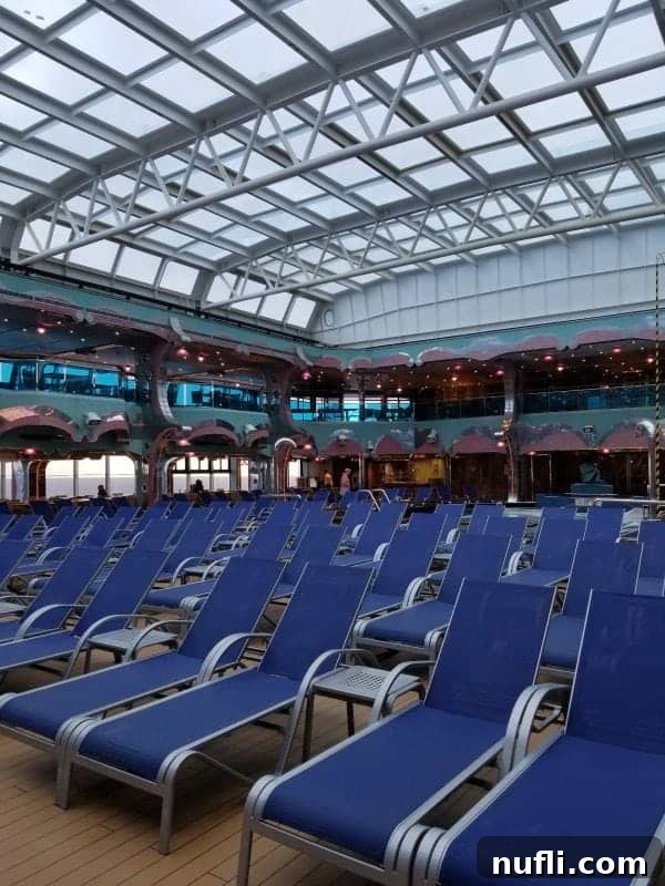 A covered deck area on the Carnival Splendor, featuring neatly lined-up pool chairs, perfect for relaxation and shade.