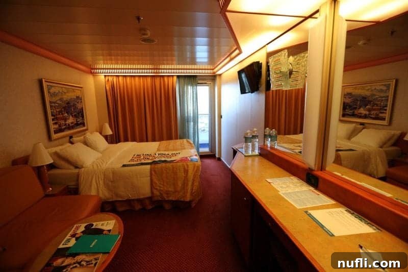 Spacious Carnival Splendor stateroom featuring a comfortable bed, a plush couch, a small table, and a functional desk, perfect for unwinding.