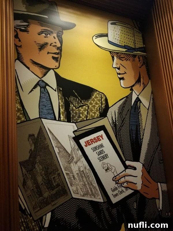 Whimsical painting in the Carnival Splendor hallway depicting two men holding travel brochures, adding a retro touch to the decor.