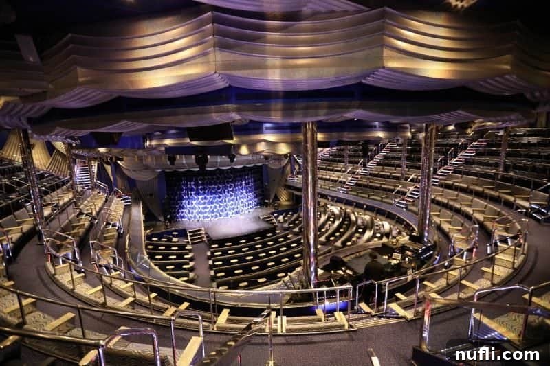 Carnival splendor theater viewed from the top level, emphasizing its impressive scale.