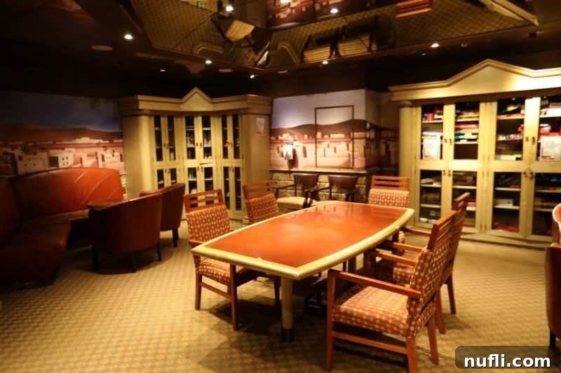 A cozy game room with comfortable tables and chairs, and a cabinet along the back wall filled with various board games.