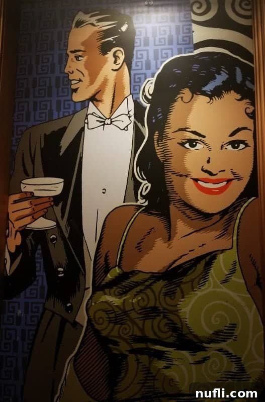 Painting on the wall of two people, with the man holding a martini glass, exuding retro charm.