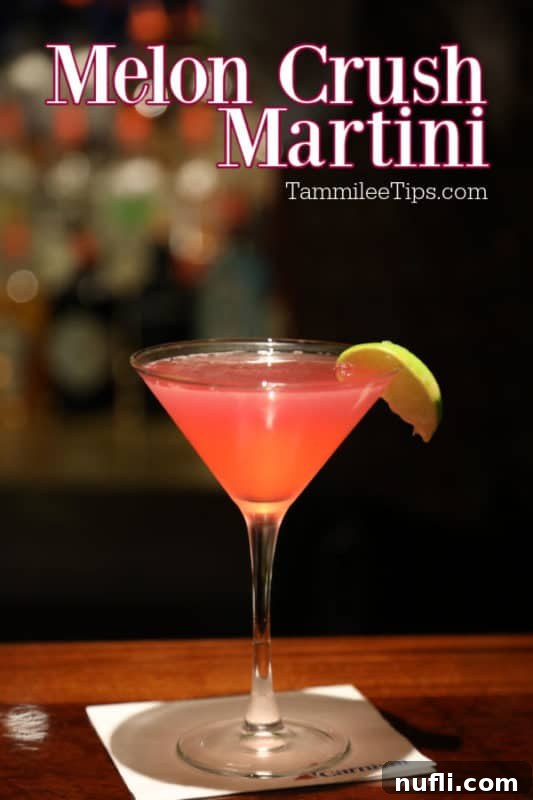 Luscious Melon Martini 2 Melon Crush Martini text over a pink martini with a lime wedge on a dark bar