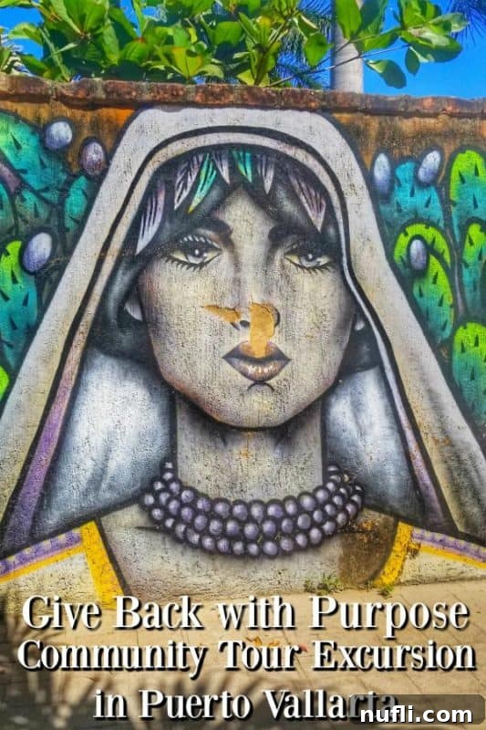 Give back with purpose community tour excursion, Puerto Vallarta below a mural of a women 