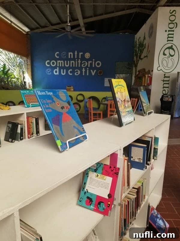books on shelves near centro comunitario educativo sign 