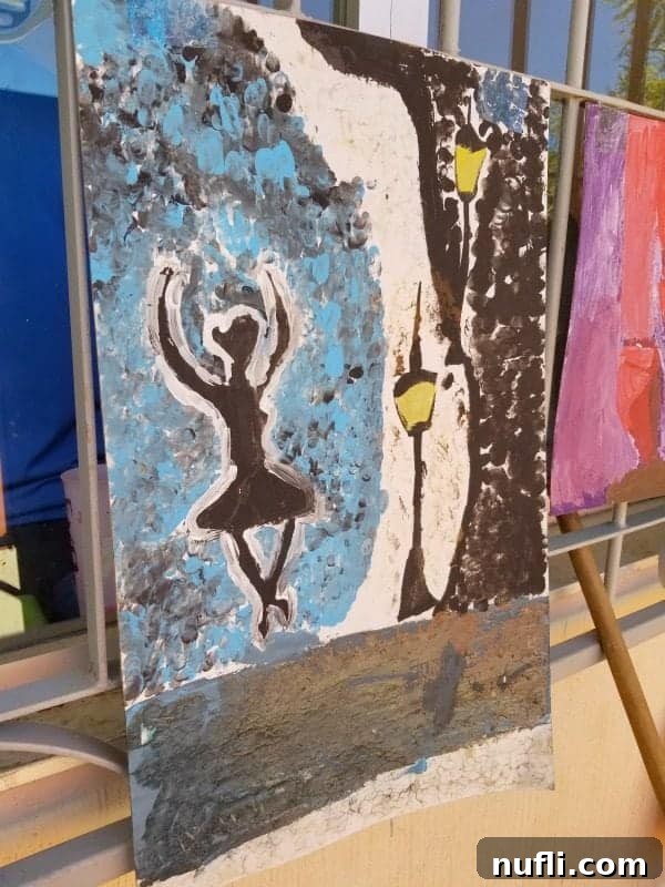 painting with a child dancing near street lights 