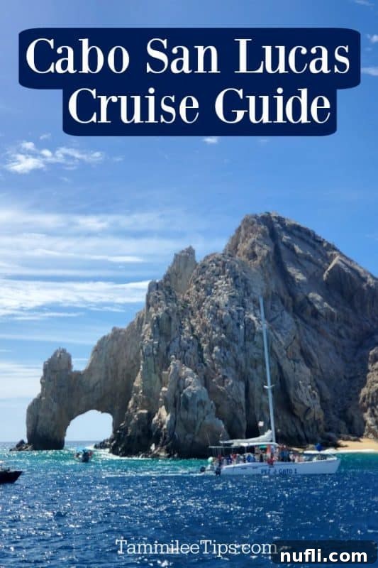 Scenic view of El Arco and a sailboat in Cabo San Lucas from a cruise perspective, highlighting the iconic landmark for cruisers.