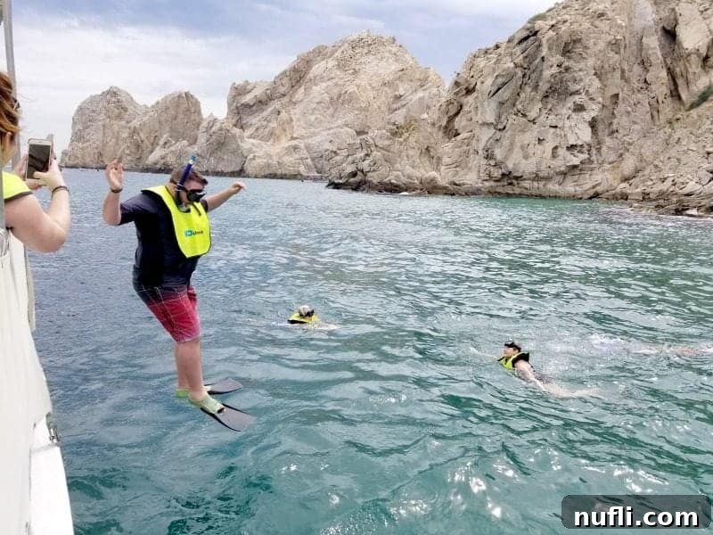 A person snorkeling near Cabo San Lucas, showcasing crystal-clear waters and marine life, ideal for cruise excursion activities.