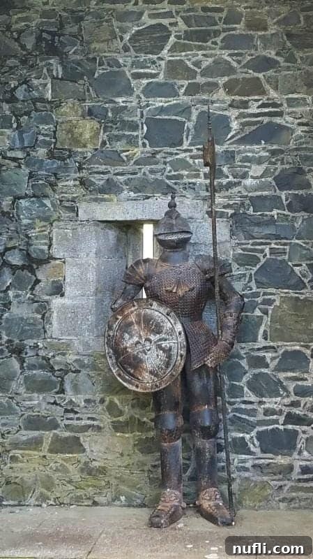knight in armor standing next to a stone wall 