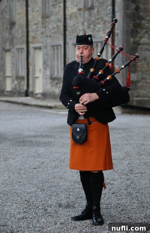 bagpiper outside of Kilkea Castle 