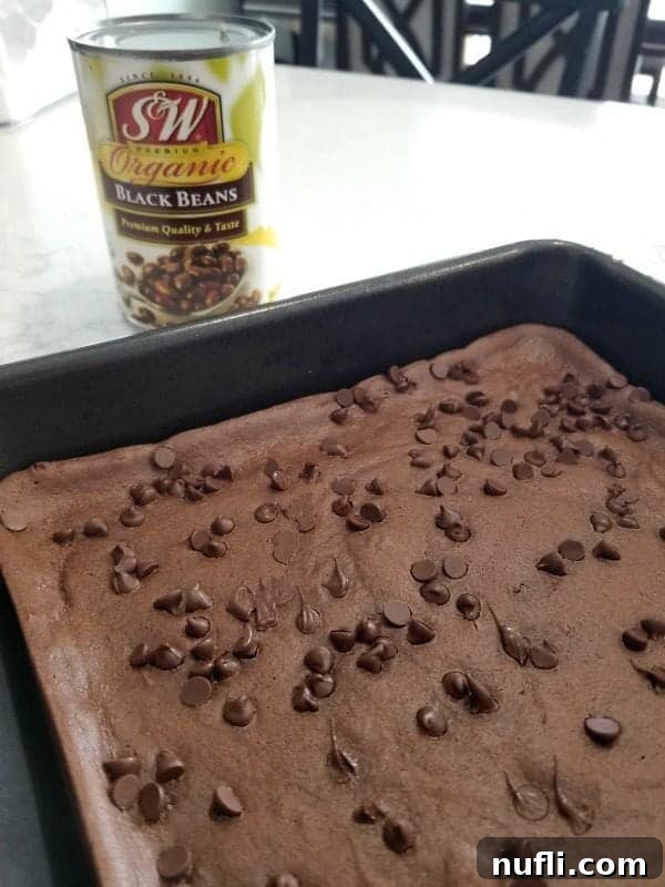 Irresistibly Fudgy Black Bean Brownies 2 Tray of Black bean brownies with chocolate chips on top near a can of black beans