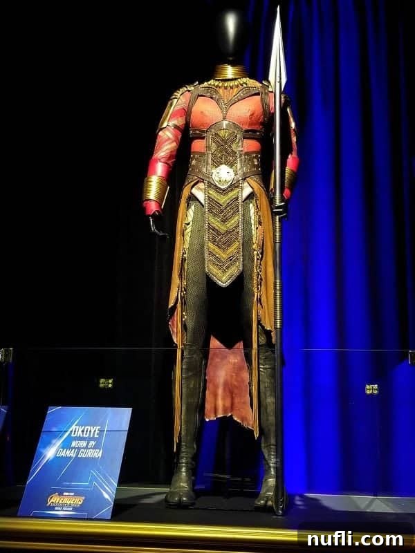 The elegant and formidable Okoye costume from Marvel's Black Panther, worn by Danai Gurira, representing the Dora Milaje.
