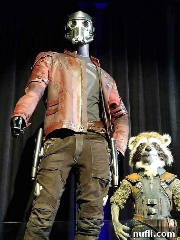 The unique Guardians of the Galaxy Star-Lord costume worn by Chris Pratt, alongside a detailed Rocket Racoon costume.