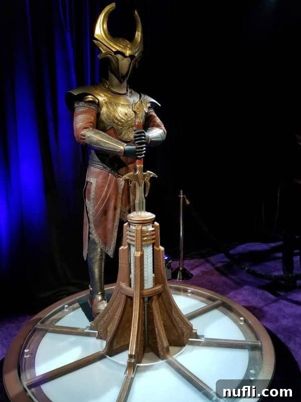 The majestic Thor Heimdall costume worn by Idris Elba, featuring his powerful armor and sword, Hofund.