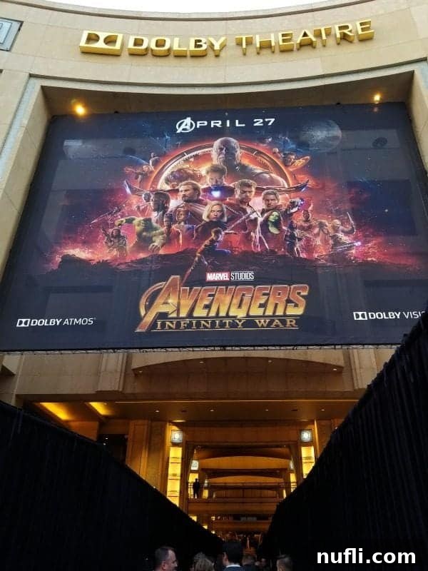 The grand entrance of the Dolby Theater, adorned with the Avengers: Infinity War premiere signage, ready for the screening.