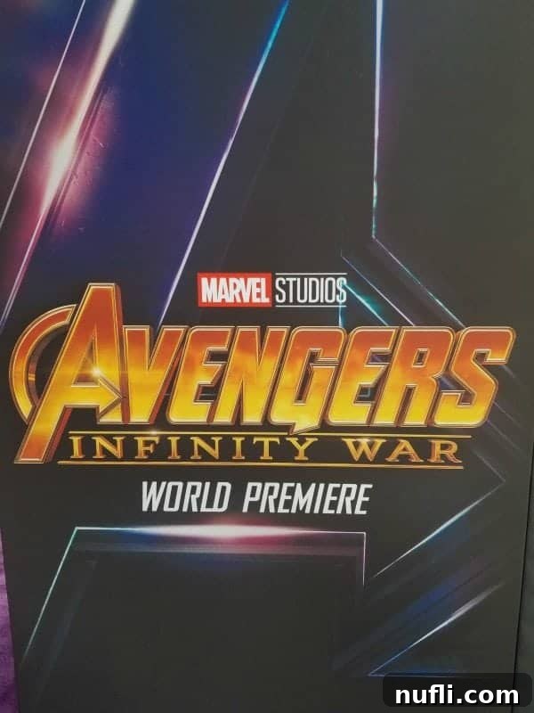 Close-up shot of a stunning Marvel Avengers Infinity War movie premiere poster, highlighting key characters.