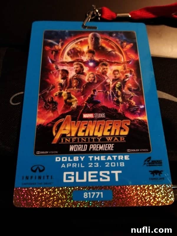 An exclusive guest pass for the Marvel Avengers Infinity War World Premiere, detailing access.