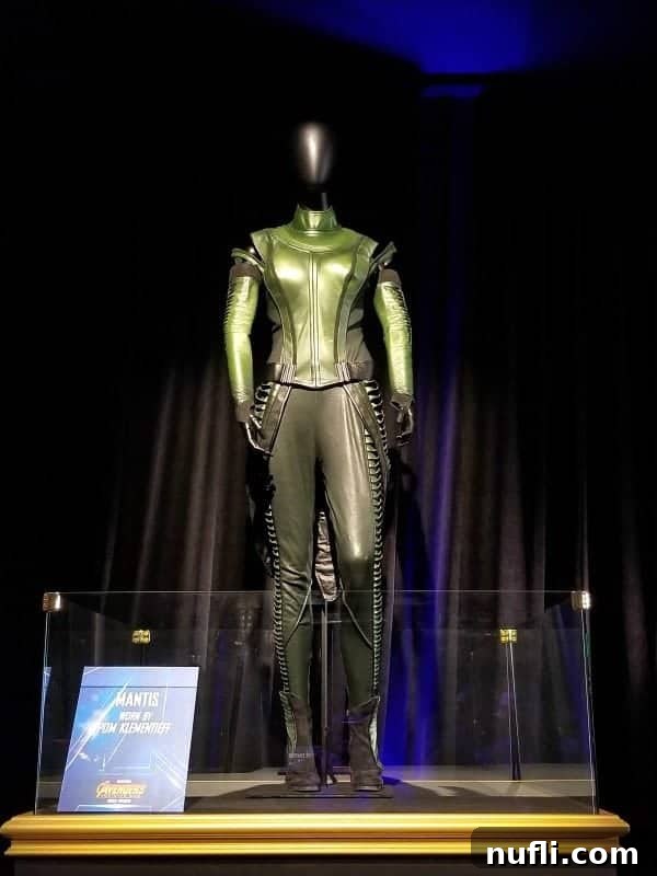 The unique Mantis costume from Guardians of the Galaxy Vol. 2, worn by Pom Klementieff, featuring her antenna and intricate details.