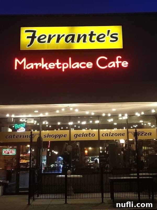 Ferrante's Marketplace Cafe sign over an entrance with signs for gelato, calzone and pizza