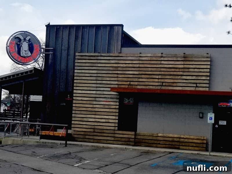 Exterior of the Flying Goat with neon sign