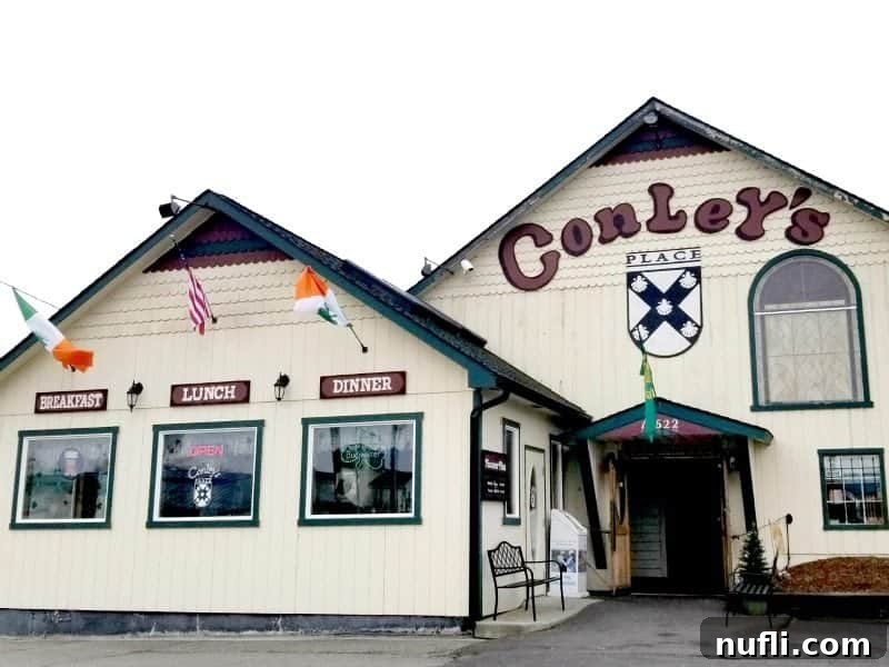 Conleys Restaurant exterior with Irish Flags