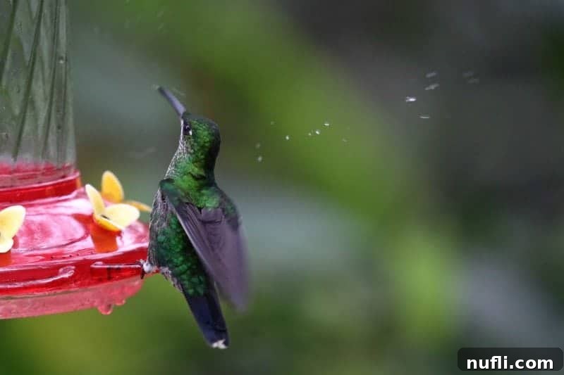 A green hummingbird gracefully hovering at a feeder, its long beak poised to sip nectar.