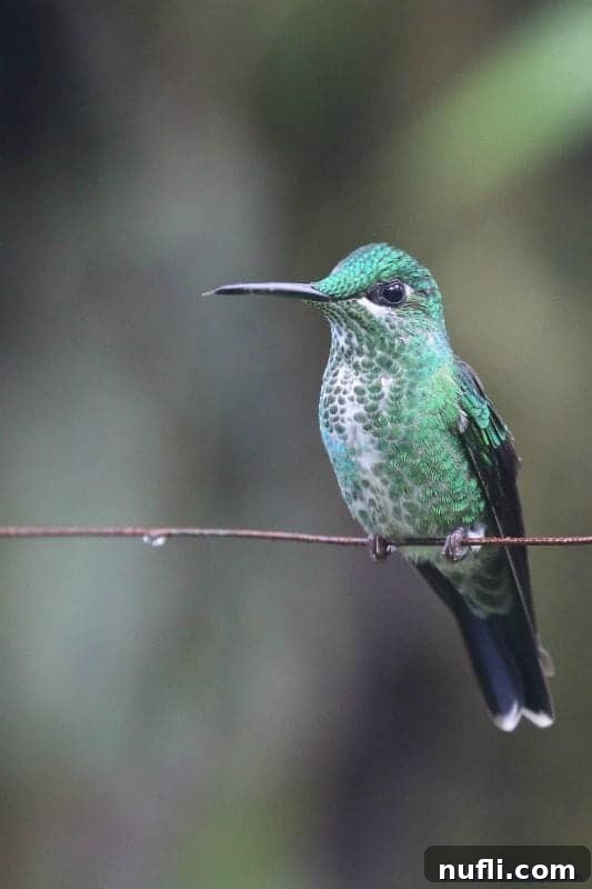 A small, iridescent green hummingbird with a slender bill, perched delicately on a thin stick, likely in a cloud forest environment.