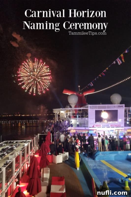 Carnival Horizon Naming Ceremony with spectacular fireworks lighting up the night sky over a Carnival Ship in New York City