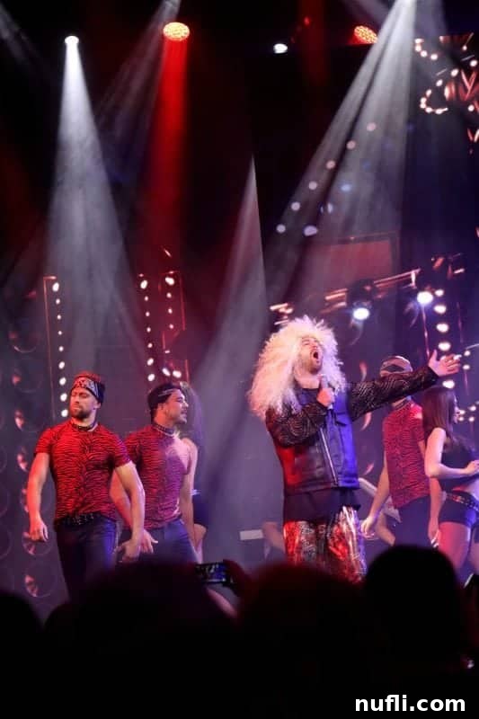 Dynamic 80s rock singers performing energetically on stage during the Carnival Horizon Lip Sync Battle, captivating the audience