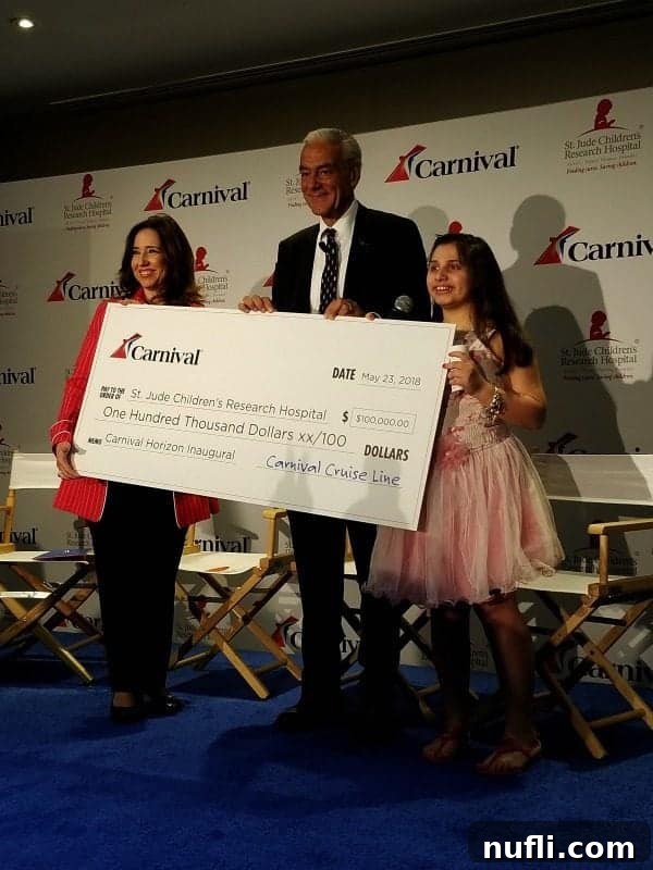 Carnival President Christine Duffy presenting a large check for $100,000 to Richard Shadyac Jr. from St. Jude Research Hospital