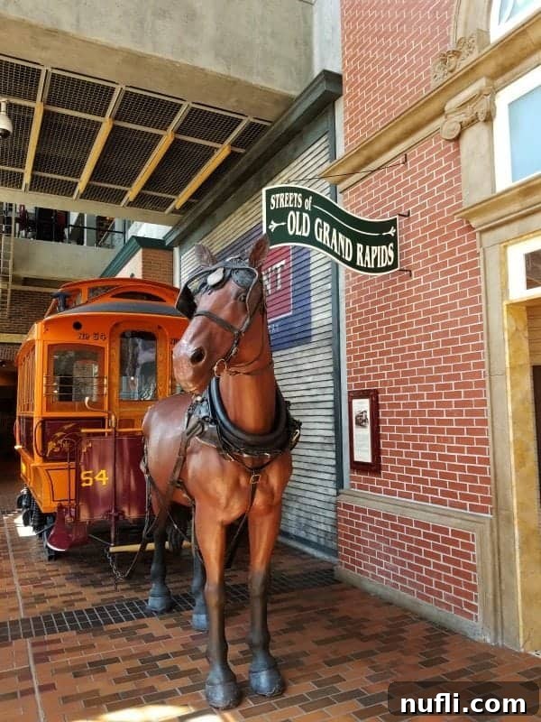 Old Grand Rapids exhibit featuring a horse pulling a trolley car