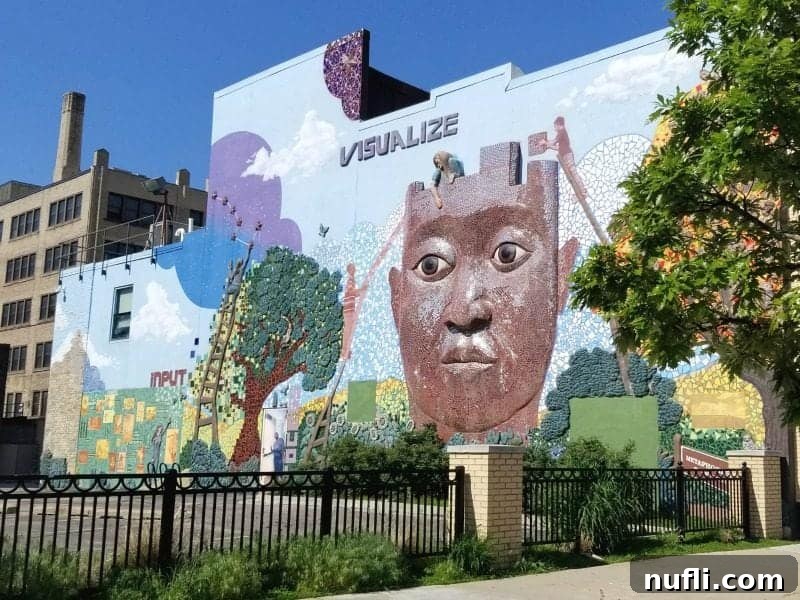 Visualize mural with a face emerging from the building facade