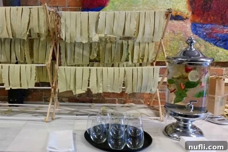 Fresh pasta drying on a rack