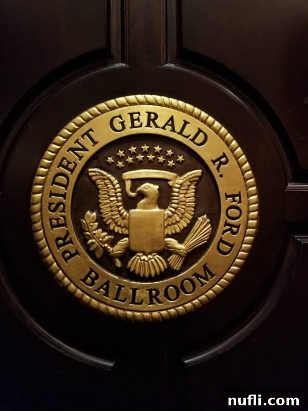 The stately President Gerald R Ford Ballroom with a distinguished emblem