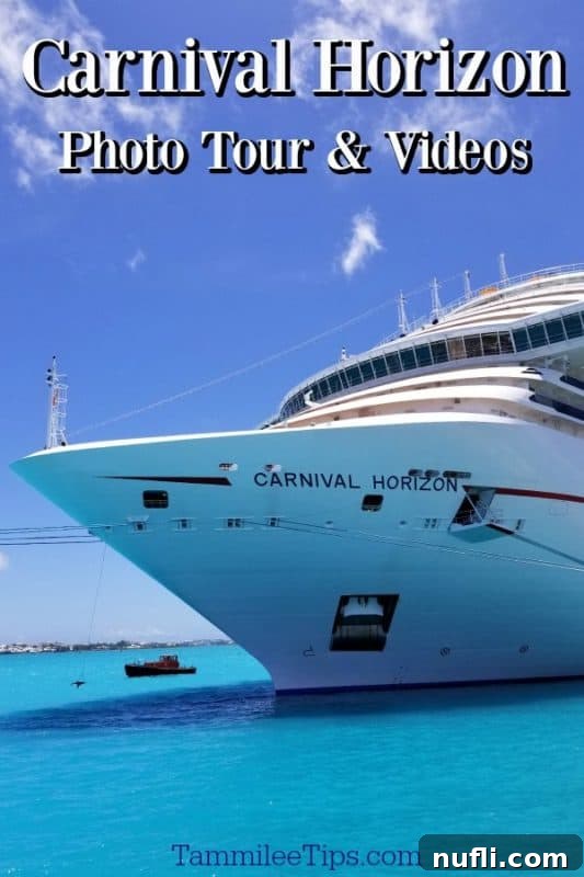 A breathtaking aerial view of the Carnival Horizon cruise ship sailing through clear Caribbean waters under a bright sky.
