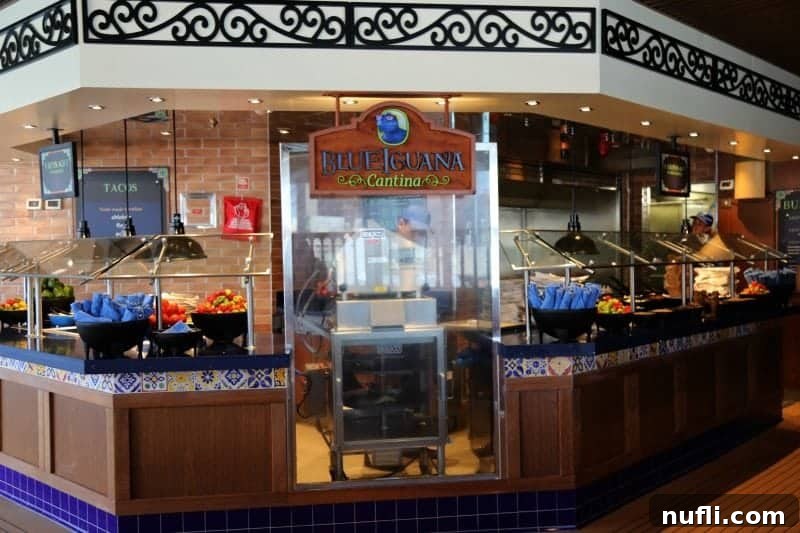 The colorful and inviting Blue Iguana Cantina on the Carnival Horizon, ready to serve up fresh, customizable Mexican food poolside.