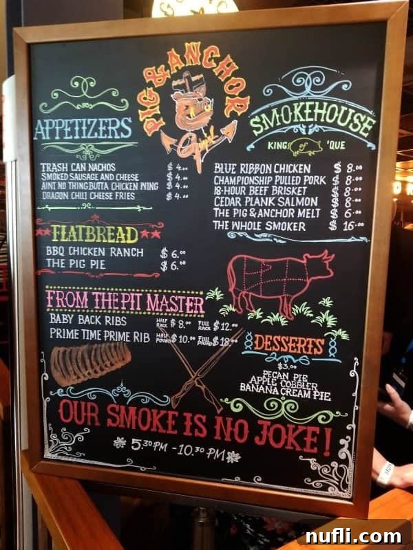 The inviting Pig & Anchor Smokehouse | Brewhouse sign with a menu visible, highlighting delicious BBQ options and a welcoming ambiance.