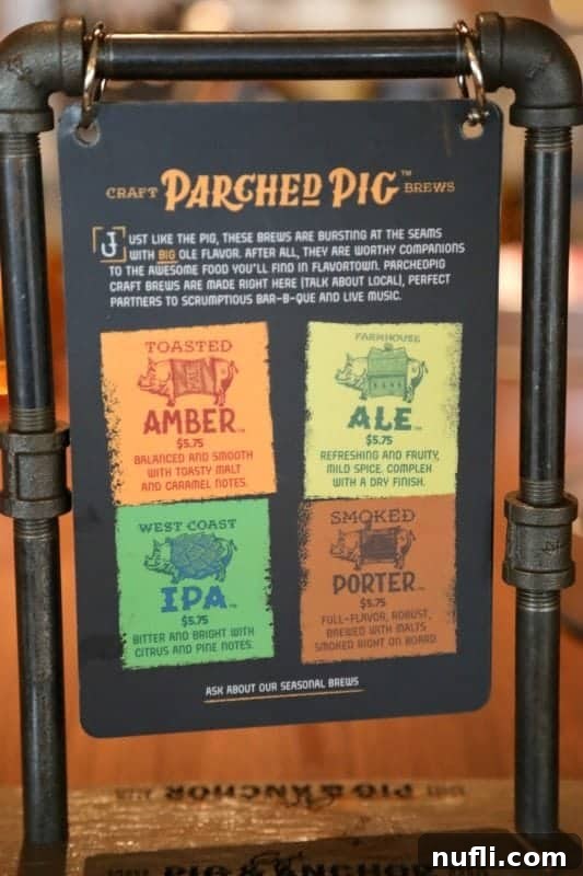 A display of Craft Parched Pig brews, detailing various beer types and descriptions available at Pig & Anchor.