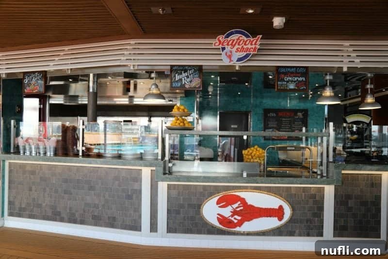 The inviting Seafood Shack sign, featuring a lobster symbol, indicating a fresh seafood counter with tempting options.