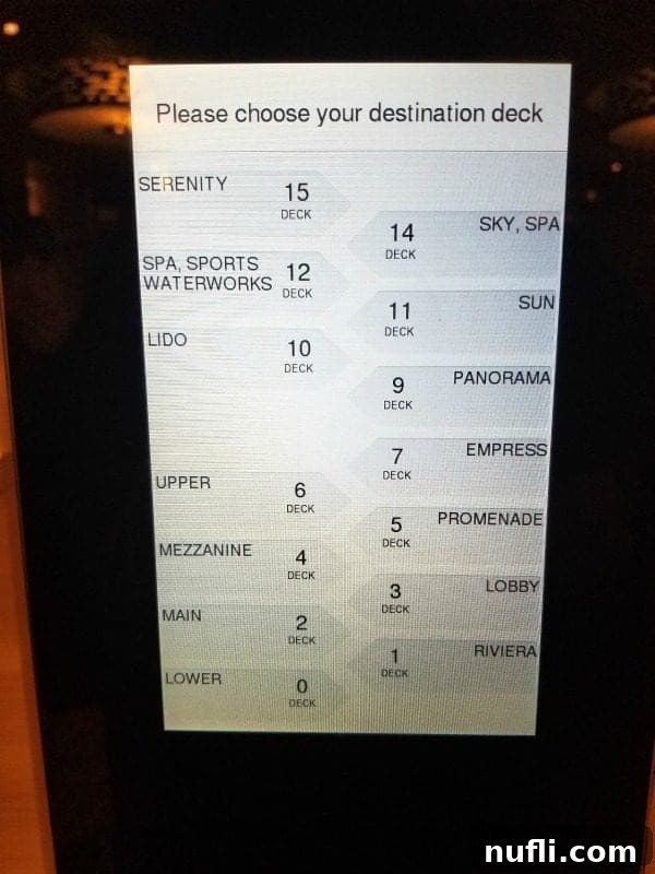 Interactive elevator control panel displaying deck levels and destinations on the Carnival Horizon for intuitive navigation.