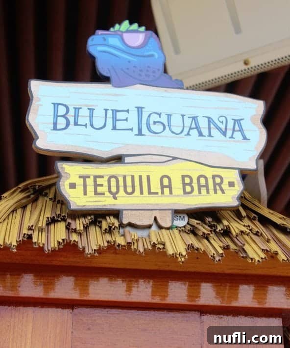 The vibrant Blue Iguana Tequila Bar sign, promising refreshing margaritas and Mexican-themed drinks by the pool.