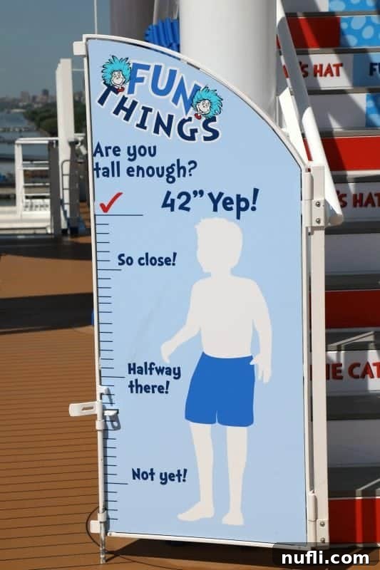 A height measurement poster for the 'Fun Things' waterslide, ensuring guest safety and compliance.