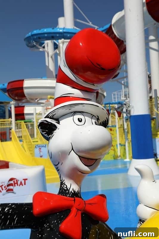 A detailed figurine of the Cat in the Hat, adding to the playful atmosphere and charm of Dr. Seuss WaterWorks.
