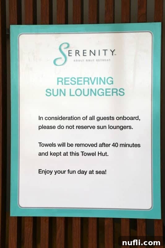 The clear 'Serenity Lounge' sign, indicating an exclusive adults-only area for relaxation and peace on Carnival Horizon.