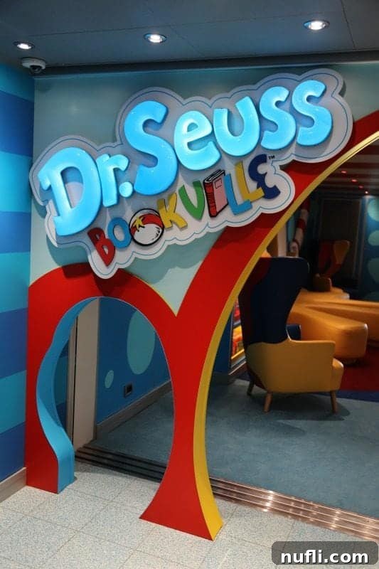 The inviting Dr. Seuss Bookville sign, promising a magical literary experience for children and families.