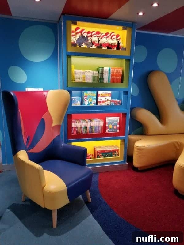 A vibrant Dr. Seuss-themed library with colorful bookshelves and fun, whimsical chairs for young readers to enjoy.