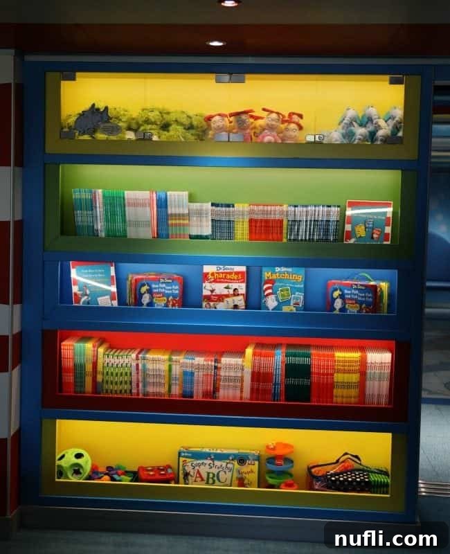 A close-up of a Dr. Seuss bookshelf, showcasing various classic books and playful decor in Bookville.