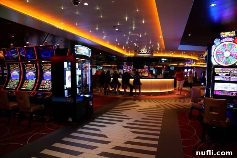 The bustling Carnival Horizon Casino, showcasing numerous video slot machines and inviting gaming tables under vibrant lighting.