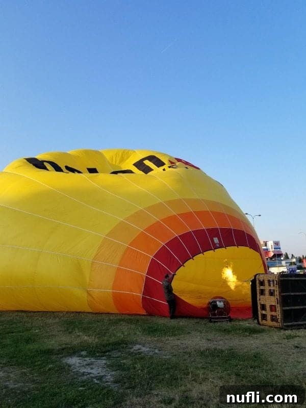 A large yellow and orange hot air balloon is being inflated on the ground, preparing for flight.
