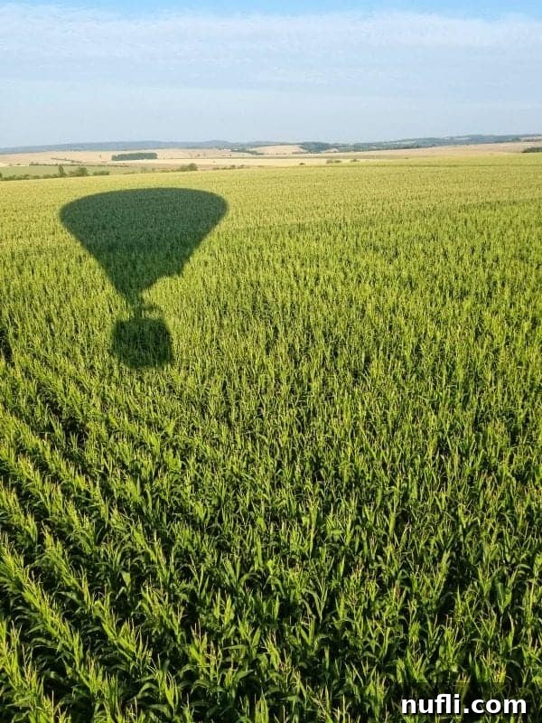 The distinct reflection of the hot air balloon visible on expansive corn fields, adding depth to the aerial view.